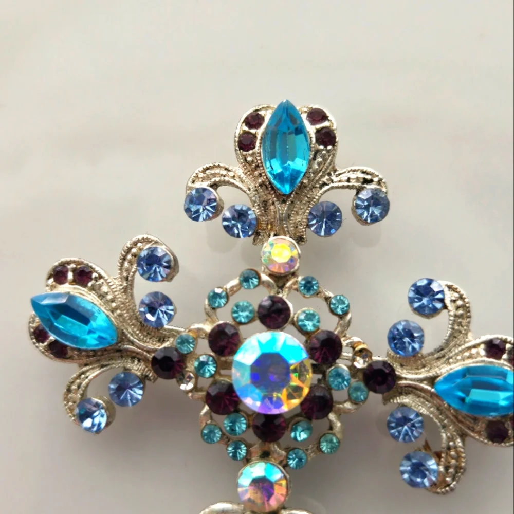 Vintage Rhinestone Cross Brooch Pendant Blue AB Gothic Y2K